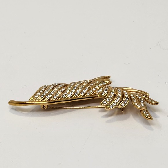 Roman Feather Clear Crystal Brooch Gold Tone Costume Fashion Jewelry Statement - Picture 3 of 6